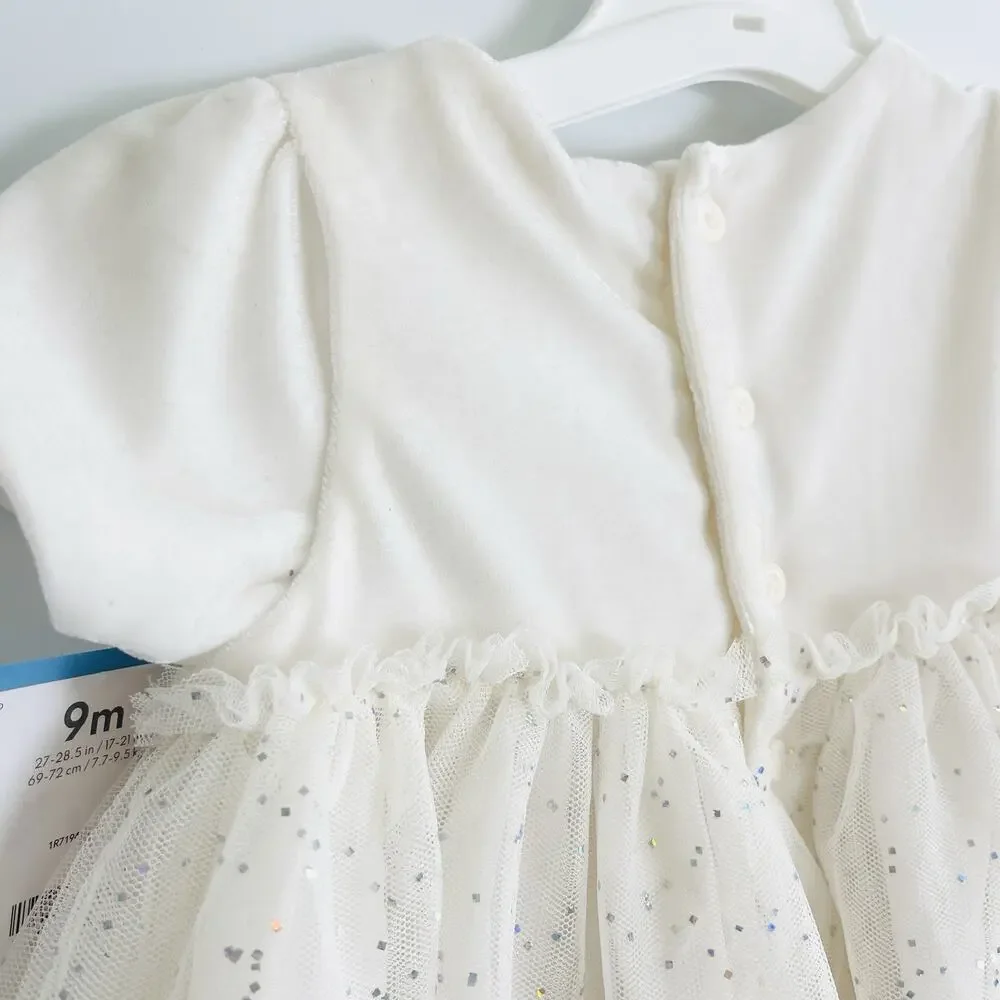 Baby Girls Carters Short Sleeve Off White‎ Sparkly Tulle Mesh Dress -9 Months